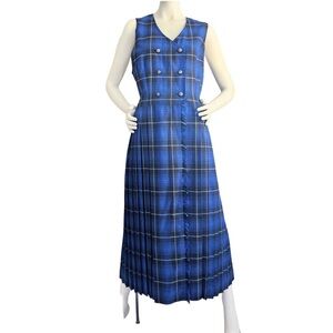 90s Susan Bristol 10 vest pinafore jumper dress Pleated Fringe Plaid Blue